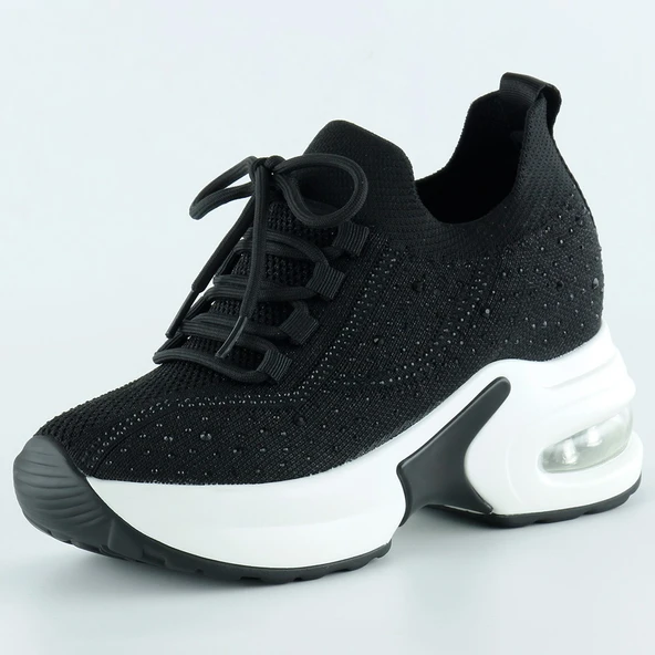 Erkan Saçmacı Siyah Beyaz Örgü Dokuma Taşlı Bağcıklı Hava Yastıklı Taban Dolgu Slip-on Sneaker