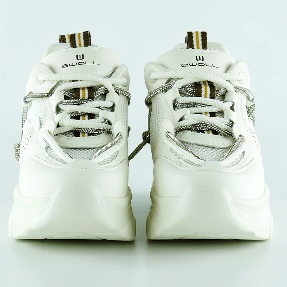 Erkan Saçmacı Ekru Yüksek Taban Spor Fileli Taşlı Bağcıklı Platform Sneaker - 3