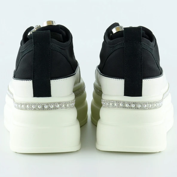 Erkan Saçmacı Siyah Beyaz Yüksek Taban Spor Kristal Taşlı İnci Detaylı Bağcıklı Platform Sneaker - 4