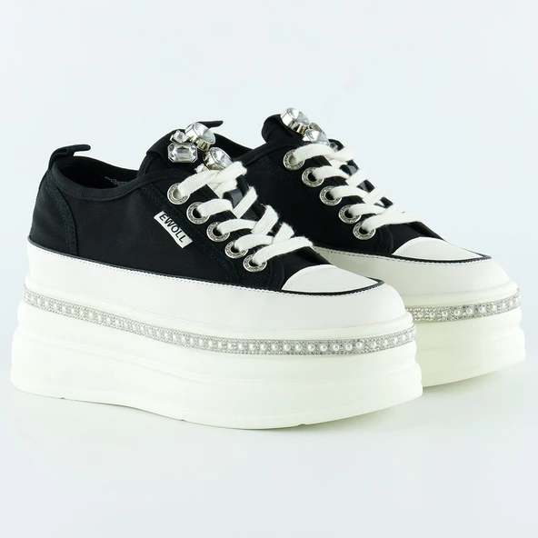 Erkan Saçmacı Siyah Beyaz Yüksek Taban Spor Kristal Taşlı İnci Detaylı Bağcıklı Platform Sneaker - 2