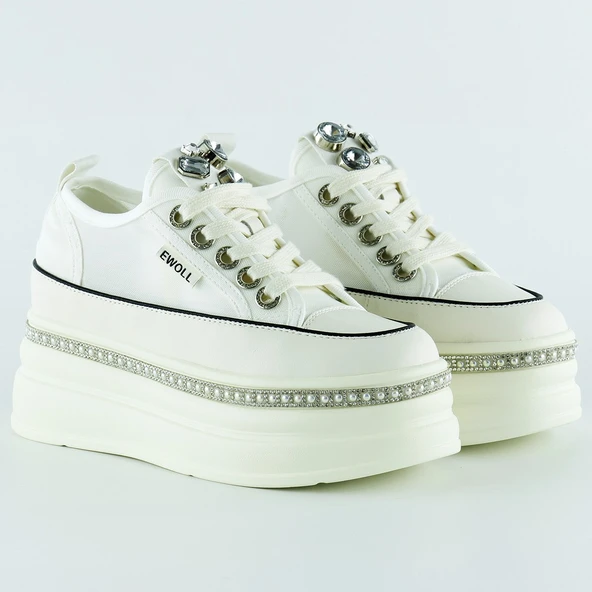 Erkan Saçmacı Beyaz Yüksek Taban Kristal Taşlı İnci Detaylı Bağcıklı Gelin Platform Sneaker - 2