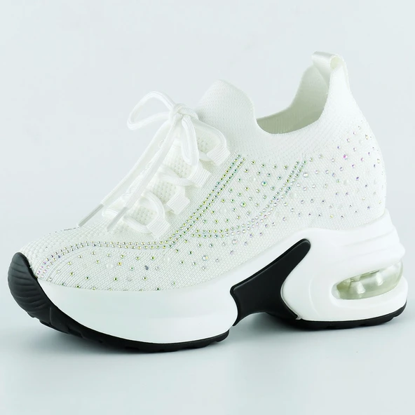 Erkan Saçmacı Beyaz Örgü Dokuma Kristal Taşlı Bağcıklı Hava Yastıklı Taban Dolgu Slip-on Sneaker