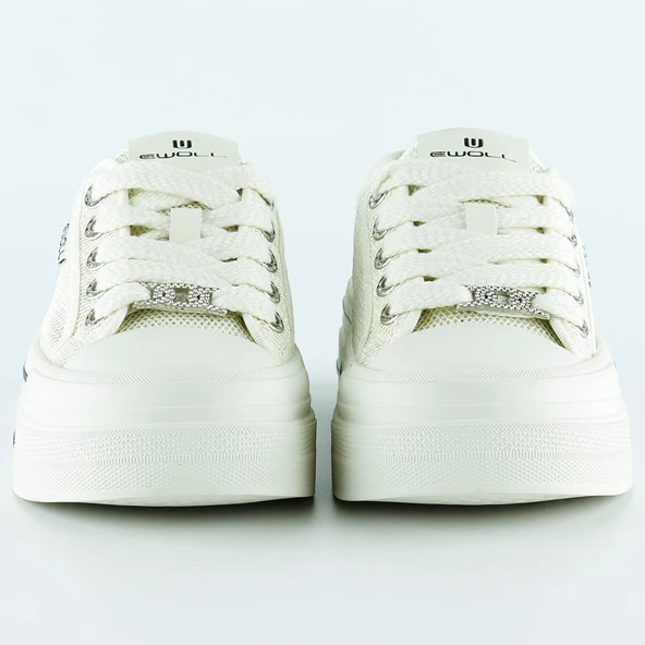 Erkan Saçmacı Beyaz Yüksek Taban Spor Fileli Taşlı Bağcıklı Platform Sneaker - 3
