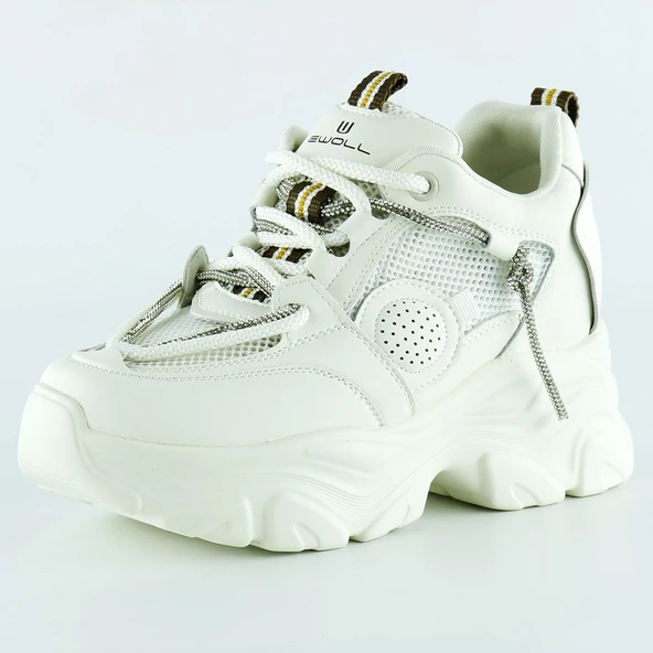 Erkan Saçmacı Ekru Yüksek Taban Spor Fileli Taşlı Bağcıklı Platform Sneaker