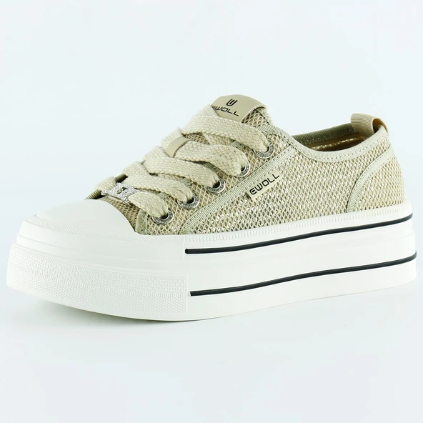 Erkan Saçmacı Bej Yüksek Taban Spor Fileli Taşlı Bağcıklı Platform Sneaker