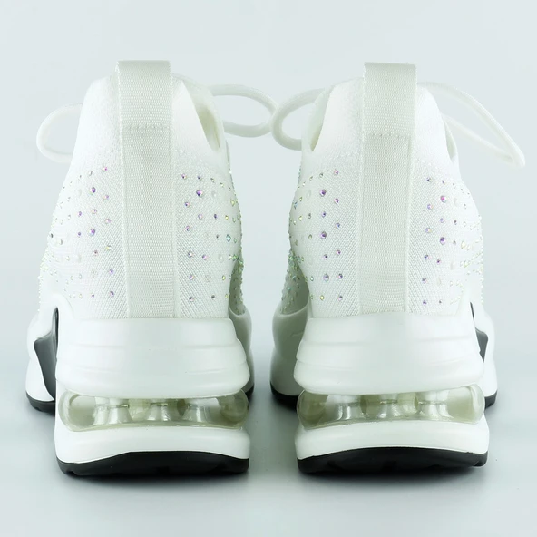 Erkan Saçmacı Beyaz Örgü Dokuma Kristal Taşlı Bağcıklı Hava Yastıklı Taban Dolgu Slip-on Sneaker - 4