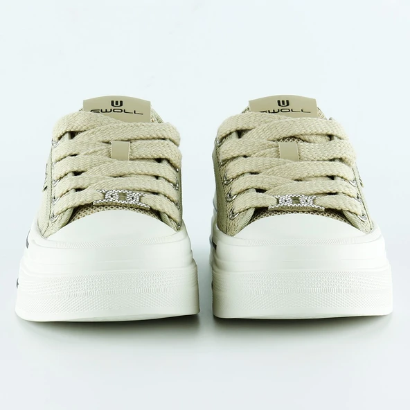 Erkan Saçmacı Bej Yüksek Taban Spor Fileli Taşlı Bağcıklı Platform Sneaker - 3