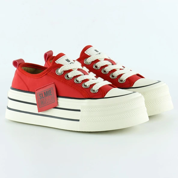 Erkan Saçmacı Kırmızı Saten Yüksek Taban Spor Taşlı Bağcıklı Platform Sneaker - 2