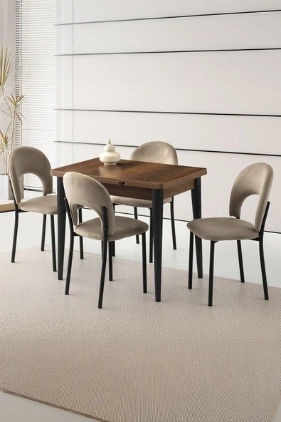 Yanlardan Açılır Yakamoz 90x60 cm Ceviz Masa 4 Adet Ay Sandalye