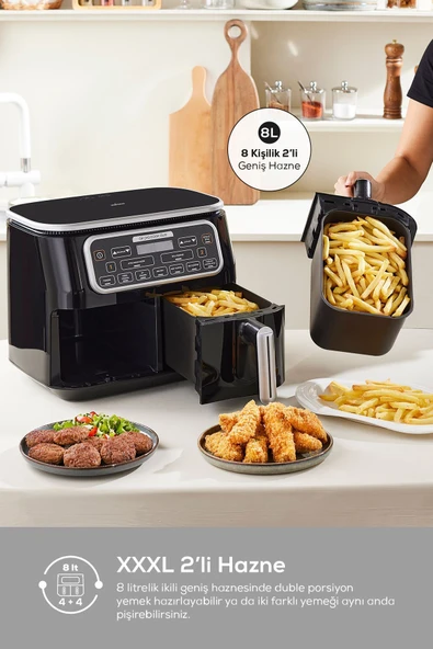 Air Pro Cook Duo Tandır XXXL 4+4 Litre Airfryer Fritöz Black Silver 8 Kişilik