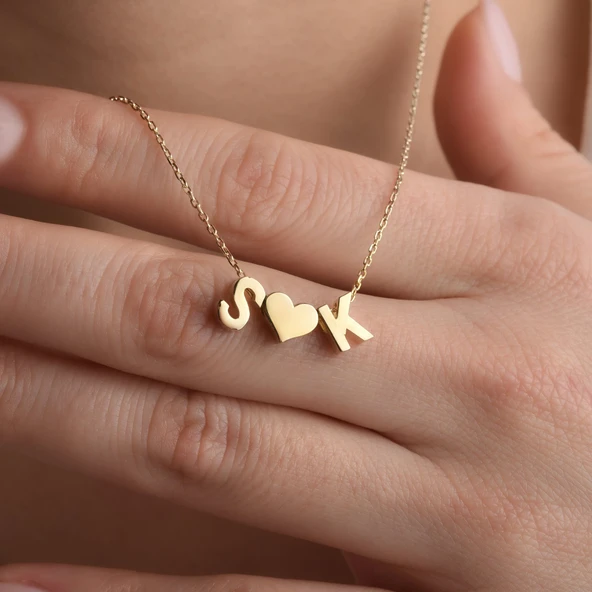 14 Ayar Altın Kaplama Kişiye Özel İki Harfli Kalp Gümüş Kolye - CN00434 ürün görseli 1
