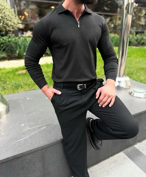 Polo Yaka Uzun Kol Erkek Örme Triko-7167
