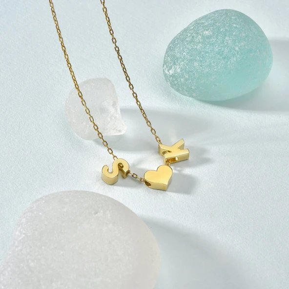 14 Ayar Altın Kaplama Kişiye Özel İki Harfli Kalp Gümüş Kolye - CN00434 - Resim 2