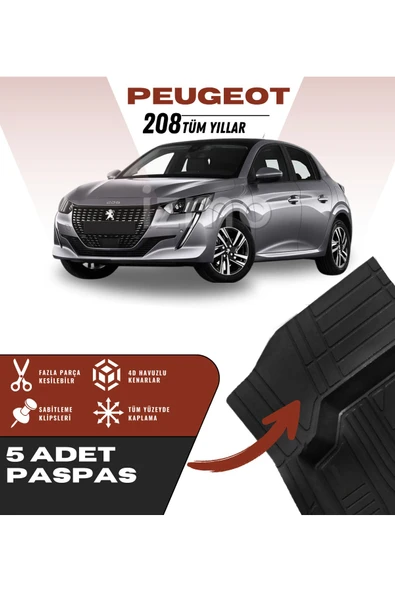 Peugeot 208 Tüm Yıllar 5'li Paspas Seti Yüksek Kalite Kesilebilir Universal Oto Paspas