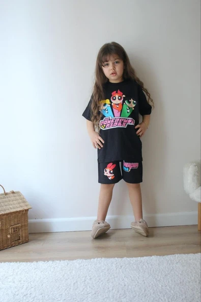 KIZ ÇOCUK POWERPUFF GİRLS MODELLİ BASKILI ŞORTLU PAMUK TAKIM - 2