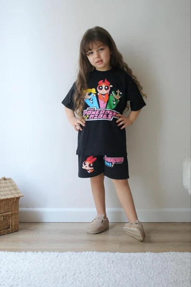 KIZ ÇOCUK POWERPUFF GİRLS MODELLİ BASKILI ŞORTLU PAMUK TAKIM - 1