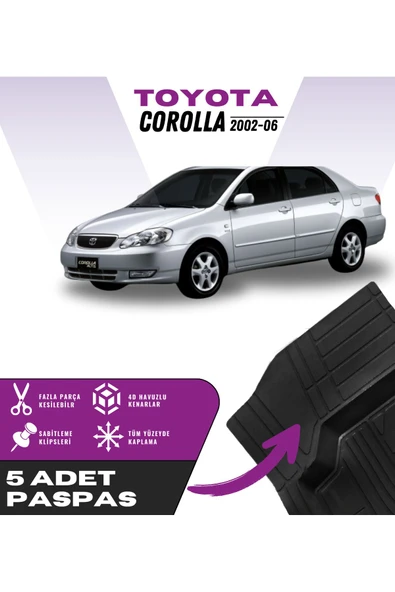 Toyota Corolla 2002-06 5'li Paspas Seti Yüksek Kalite Kesilebilir Universal Oto Paspas