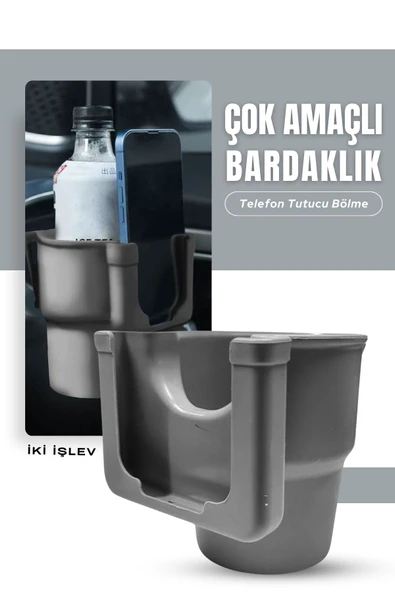 Araç içi Telefon Tutucu Bölmeli Geniş Hazneli Bardaklık Klipsli Gri