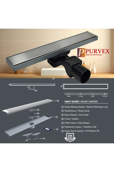 Paslanmaz Duş Kanalı 50 çıkışlı 60 cm cm krom banyo duş gideri plastik gövdeli yer süzgeci - 3