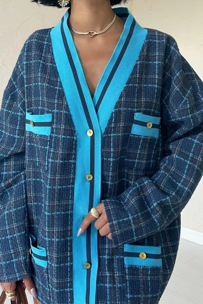 Mavi Ön Ribana Ekose Ceket - Resim 3