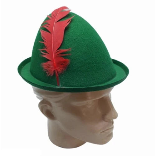 Peter Pan Şapkası Yeşil Renk Kırmızı Tüylü - 2