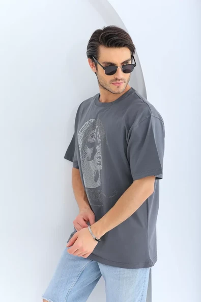 Unisex Oversize Taşlı Bisiklet Yaka T-Shirt - Füme - 4