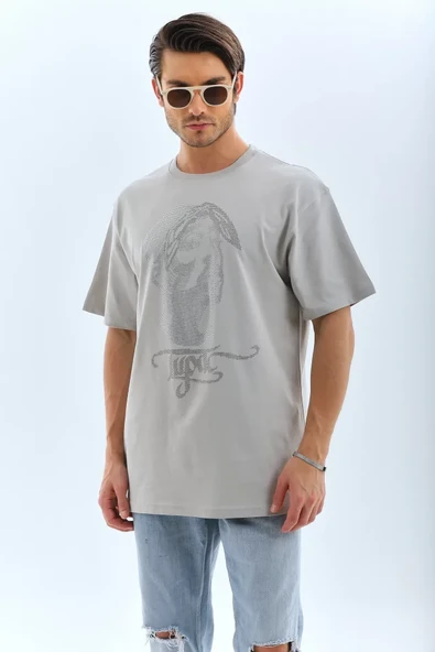 Unisex Oversize Taşlı Bisiklet Yaka T-Shirt - Gri - 4