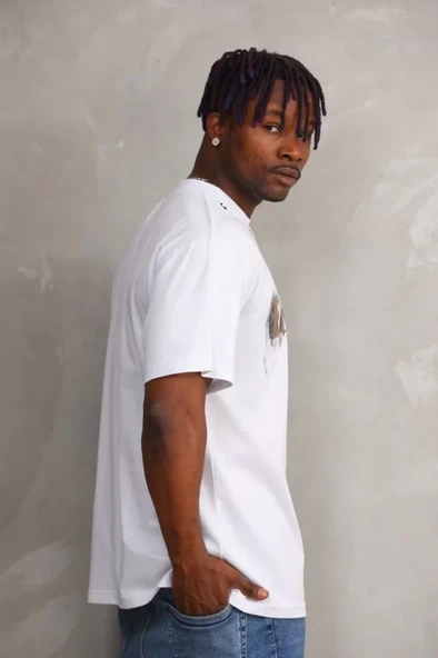 Unisex Kuşgözü Detaylı Baskılı Oversize T-Shirt - Beyaz - Resim 4