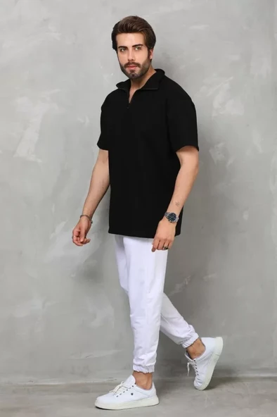 Unisex Yarım Fermuarlı Düz Oversize T-shirt - Siyah - 4