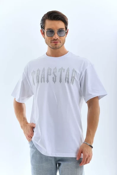 Unisex Oversize Taşlı Bisiklet Yaka T-Shirt - Beyaz - 2