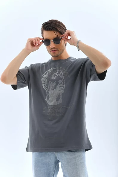 Unisex Oversize Taşlı Bisiklet Yaka T-Shirt - Füme - 2