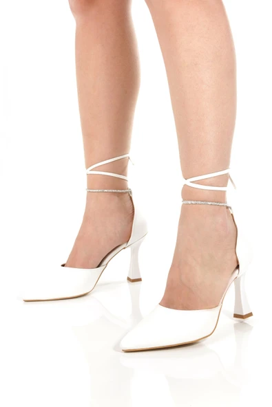 Glossy Beyaz Taşlı Stiletto Kadeh Topuklu Gelin Düğün Ayakkabısı - Resim 5