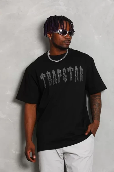 Unisex Oversize Taşlı Bisiklet Yaka T-Shirt - Siyah - Resim 2