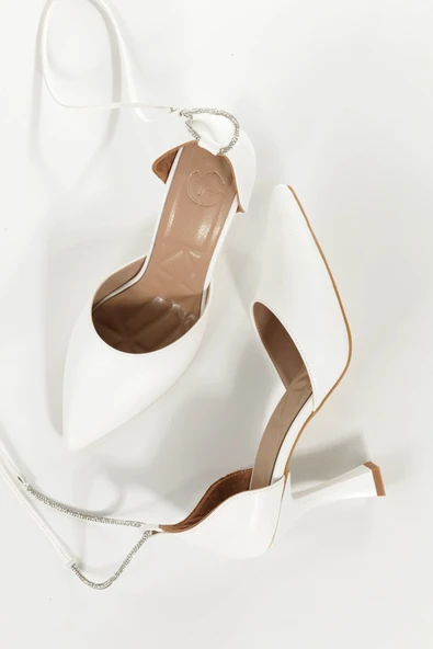 Glossy Beyaz Taşlı Stiletto Kadeh Topuklu Gelin Düğün Ayakkabısı - Resim 4