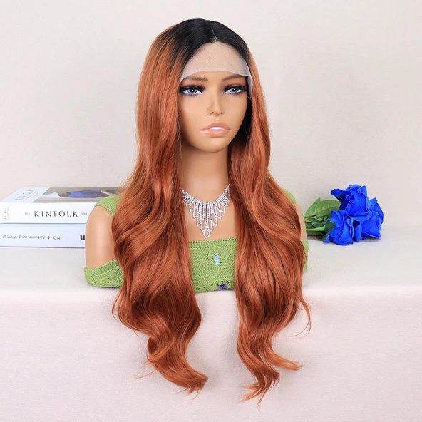 Siyah / Açık Bakır Ombreli Dalgalı Uzun Boy Tül Peruk - Resim 2