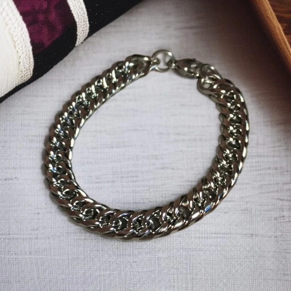 Gümüş Renk, Modern Halkalı Paslanmaz Çelik Erkek Bileklik 20 cm - 3