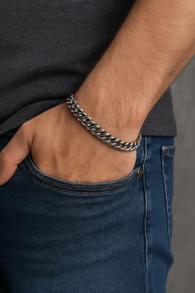 Gümüş Renk, Modern Halkalı Paslanmaz Çelik Erkek Bileklik 20 cm