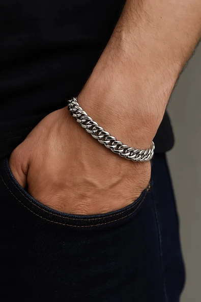 Gümüş Renk, Modern Halkalı Paslanmaz Çelik Erkek Bileklik 20 cm - 2