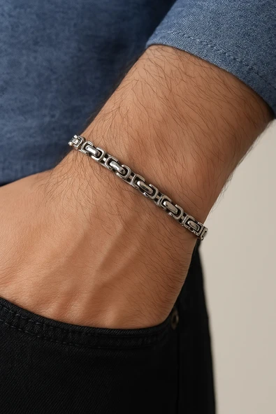 Gümüş Renk, Modern Halkalı Paslanmaz Çelik Erkek Bileklik 22 cm - 1