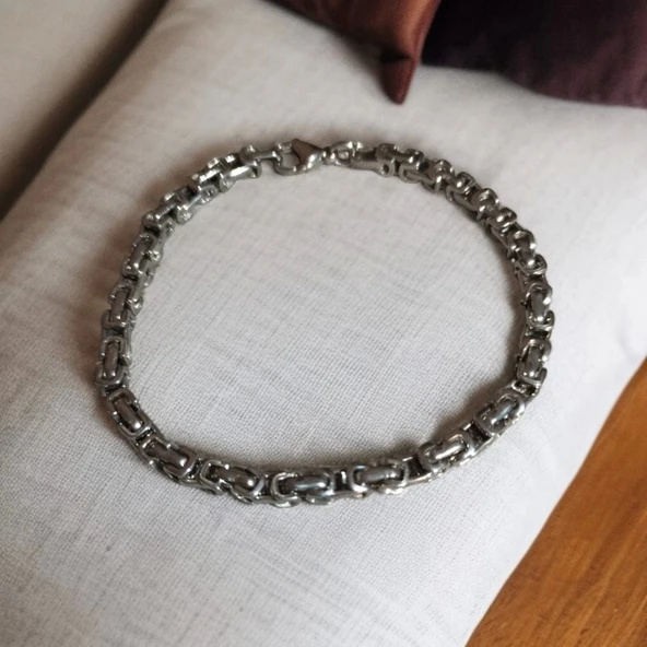 Gümüş Renk, Modern Halkalı Paslanmaz Çelik Erkek Bileklik 22 cm - 2