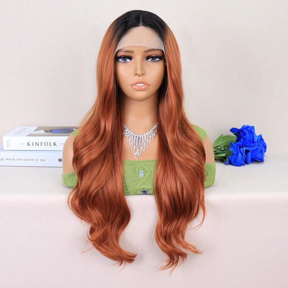 Siyah / Açık Bakır Ombreli Dalgalı Uzun Boy Tül Peruk ürün görseli 1