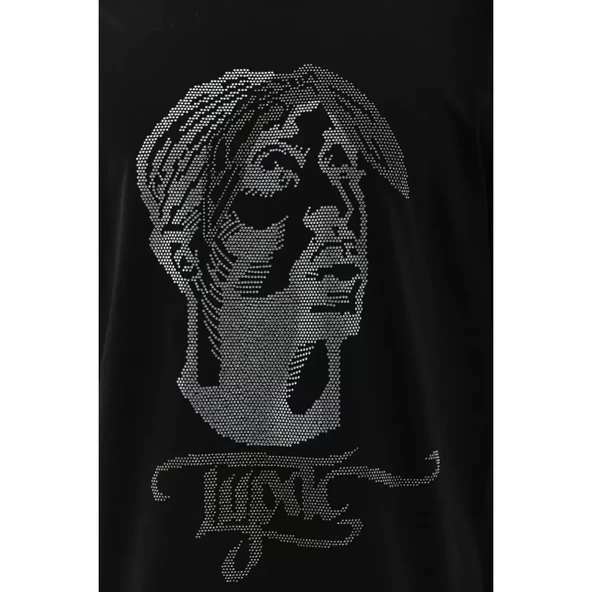 Unisex Oversize Taşlı Bisiklet Yaka T-Shirt - Siyah - 3