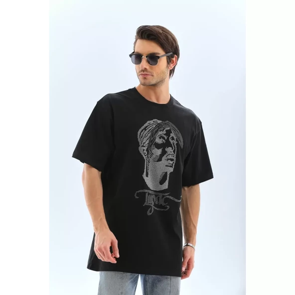 Unisex Oversize Taşlı Bisiklet Yaka T-Shirt - Siyah - 8