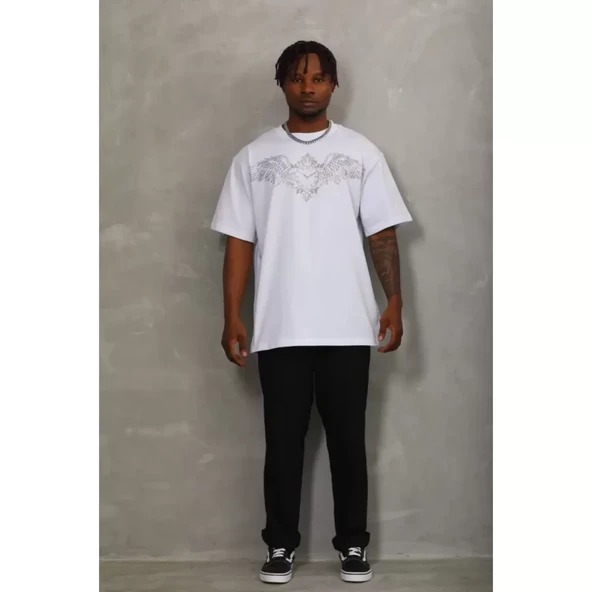 Unisex Oversize Taşlı Bisiklet Yaka T-Shirt - Beyaz - 8