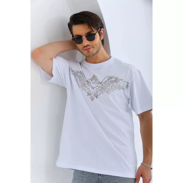 Unisex Oversize Taşlı Bisiklet Yaka T-Shirt - Beyaz - 3