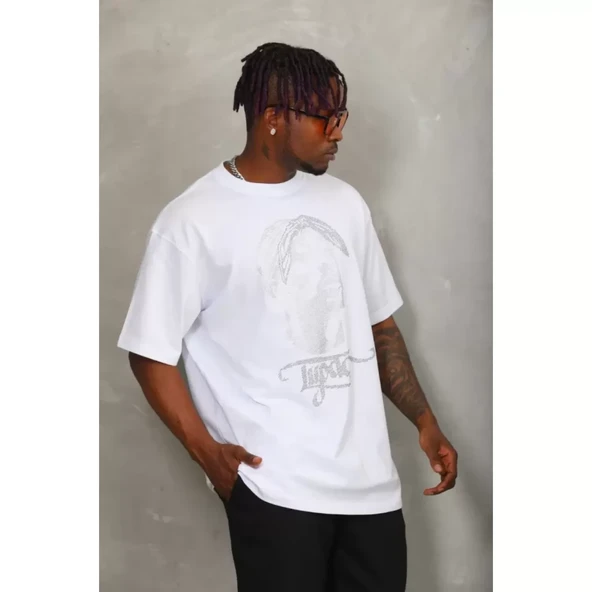 Unisex Oversize Taşlı Bisiklet Yaka T-Shirt - Beyaz
