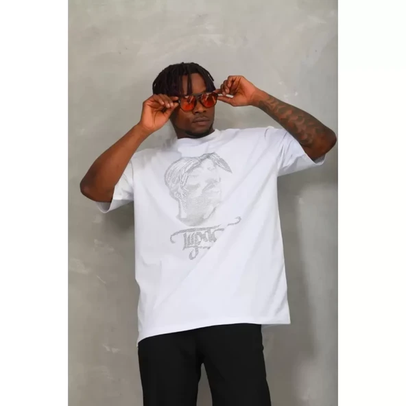 Unisex Oversize Taşlı Bisiklet Yaka T-Shirt - Beyaz - 2