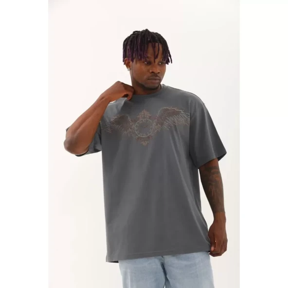 Unisex Oversize Taşlı Bisiklet Yaka T-Shirt - Füme - 4