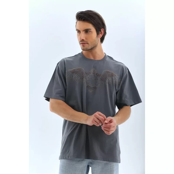 Unisex Oversize Taşlı Bisiklet Yaka T-Shirt - Füme - 3