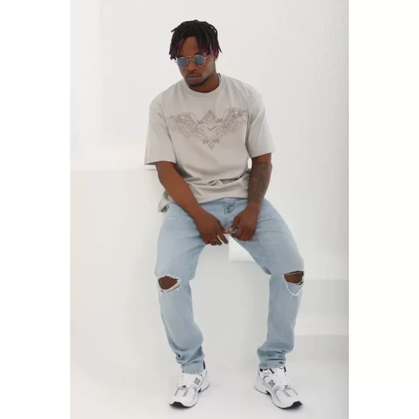 Unisex Oversize Taşlı Bisiklet Yaka T-Shirt - Gri - 4